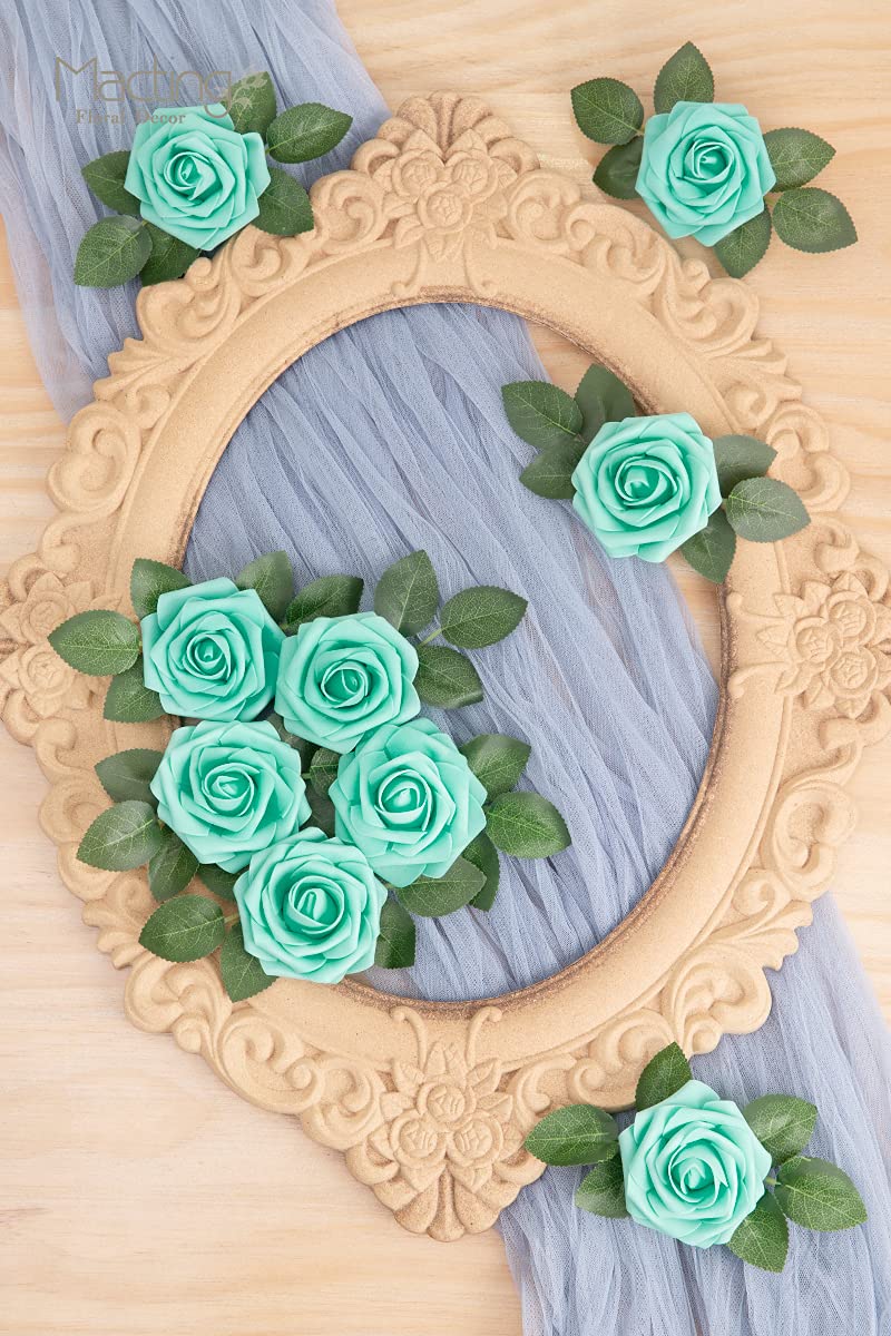 MACTING Artificial Flower Roses 30PCS Real Touch Fake Flowers with Stem Foam Roses for DIY Wedding Bouquets Table Centerpieces Party Baby Shower Home Summer Mothers Day Decoration (Mint Green) - Image 4